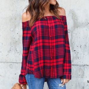 Off Shoulder Long Sleeve Button Down Plaid Shirt